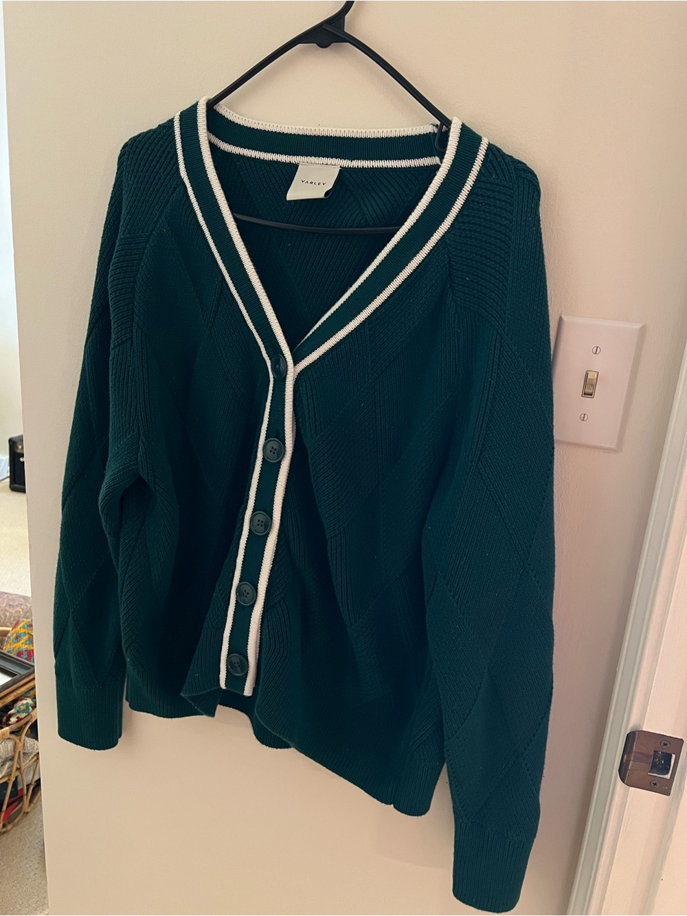 Varley Teal Knit Button-Front Cardigan with White Trim